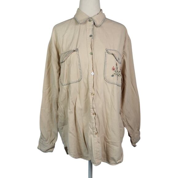 Vintage 90s Andrew's Blues Cream Button Down Shirt Floral Embroidery M - Picture 1 of 5